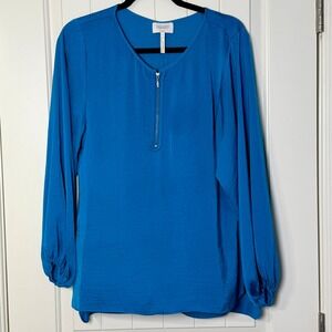 Laundry by Shelli Segal Blue Half Zip Tunic Top Peasant Sleeve Blouse Small